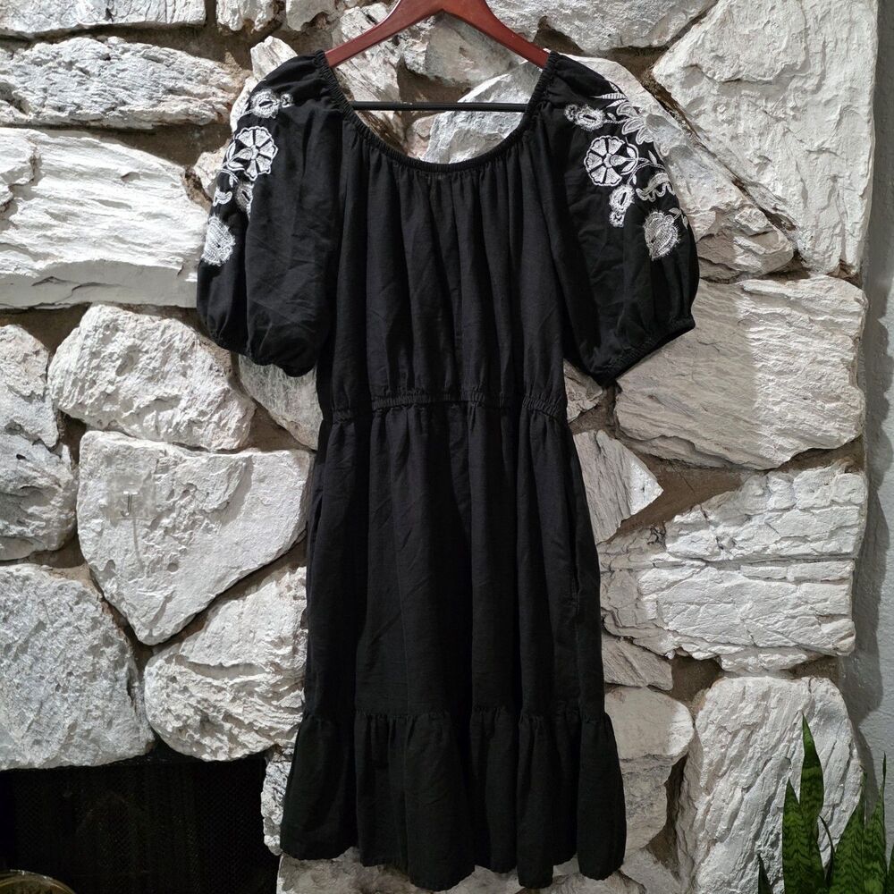 Knox Rose Women's L Boho Ruffle Sundress Bubble Sleeve Black Embroidered Floral